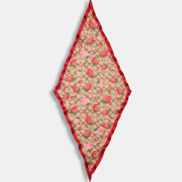 🍓 Coach Signature Wild Strawberry Print Silk Diamond Scarf - Picture 2 of 8